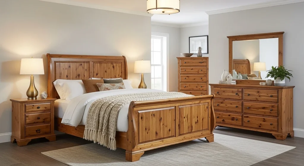 Traditional wooden bedroom set with matching furniture and warm natural tones