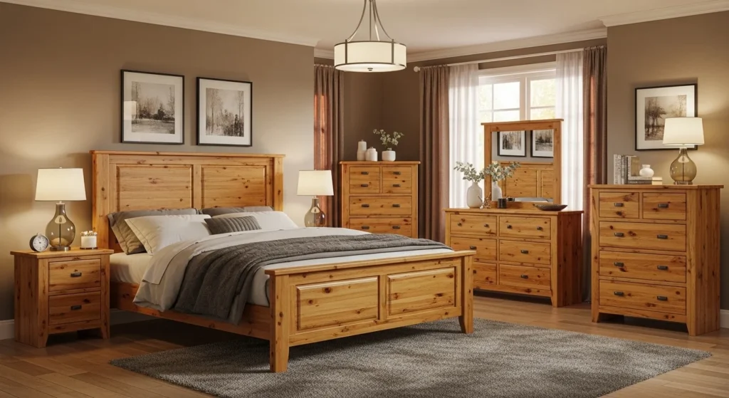 Traditional king bedroom set with wooden furniture and warm natural tones