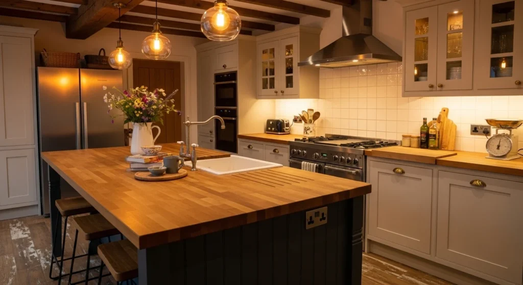 Kitchen with butcher block countertop adding warm natural wood texture