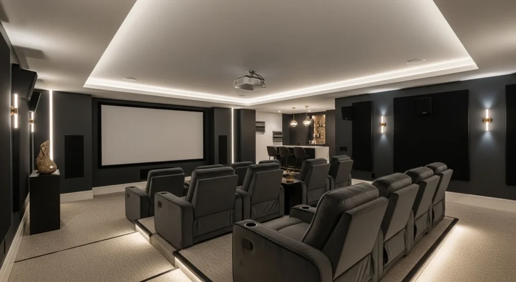 Basement home theater with large screen, surround sound, and tiered seating in dark ambient