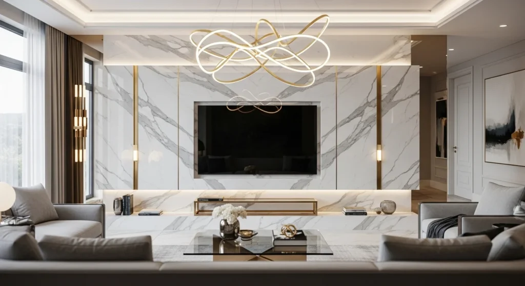 modern living room tv wall with white marble finish and mounted television