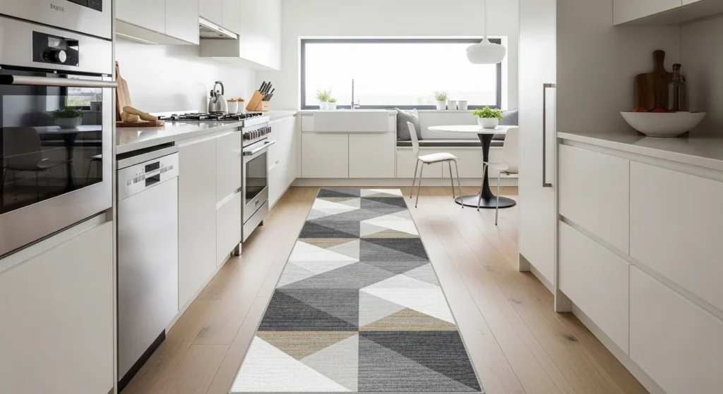 Long runner rug placed between kitchen cabinets in a narrow kitchen layout