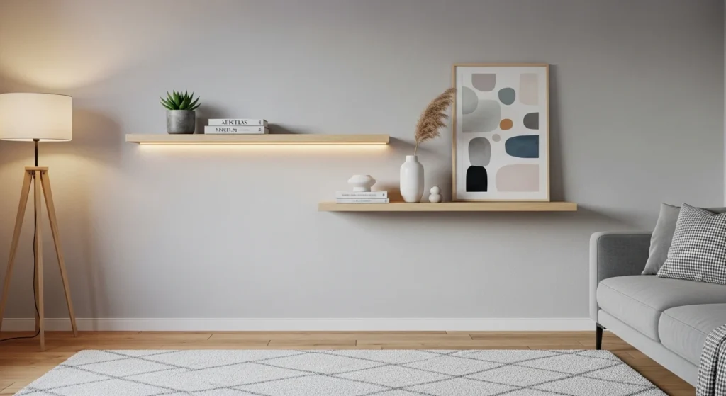 Floating shelves and wall-mounted cabinets in small apartment living room for organized storage