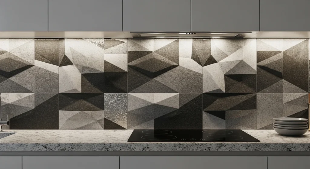 Contemporary kitchen wall with decorative 3D textured tiles adding depth and dimension