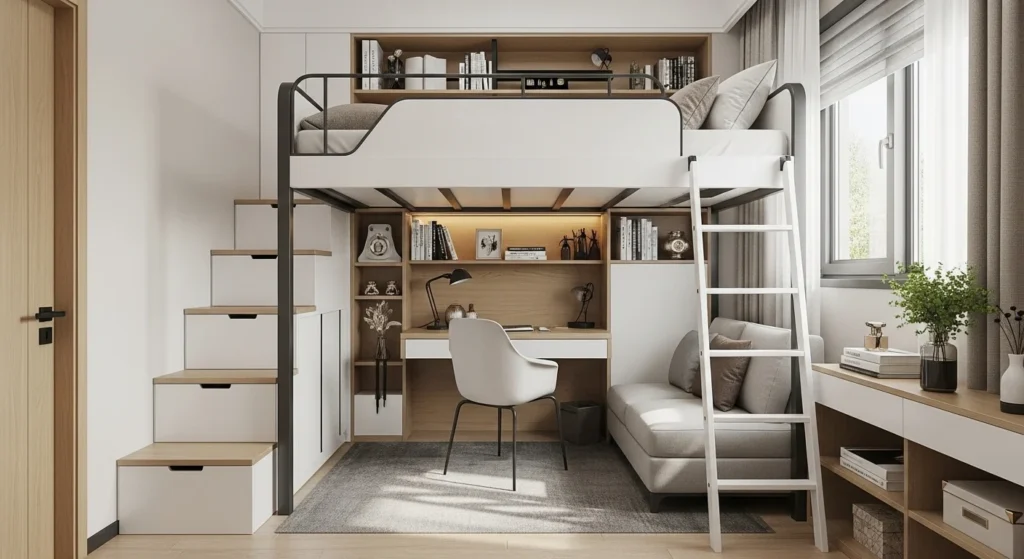 Compact bedroom with loft bed and space underneath used for desk and storage