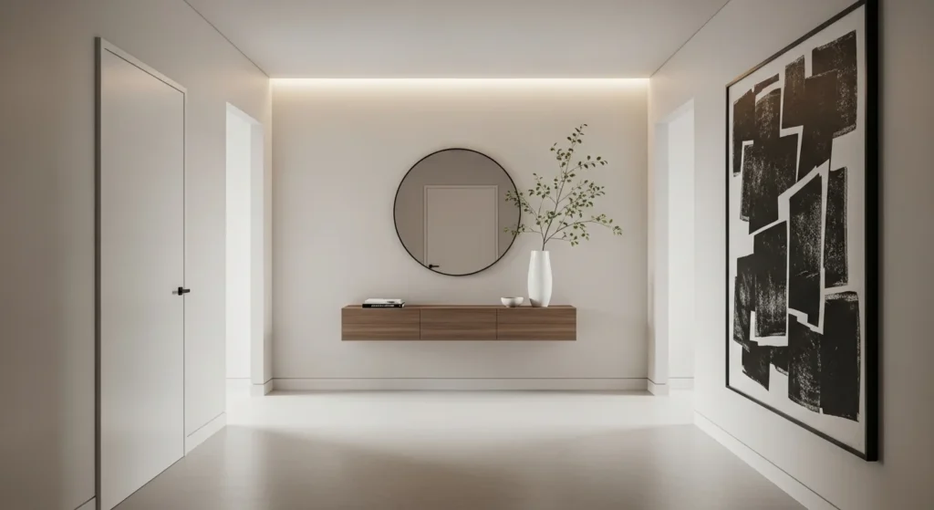 Minimalist foyer design with neutral colors and clean modern decor