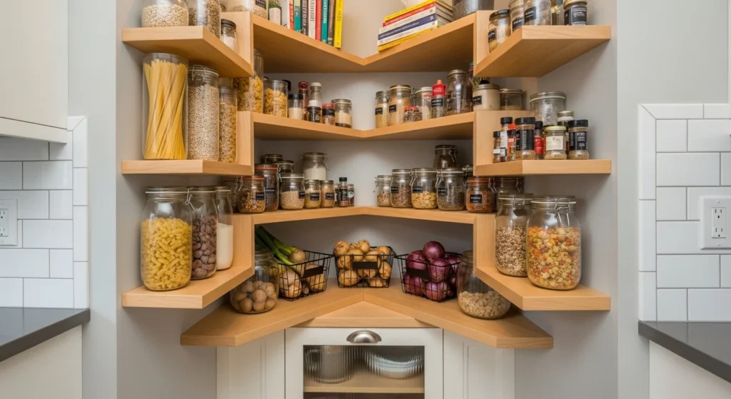 Efficient corner pantry with shelves and baskets maximizing small kitchen space