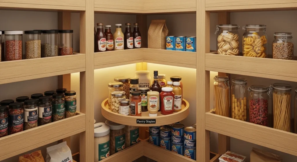 Smart corner pantry shelving with rotating storage organizer for small kitchens