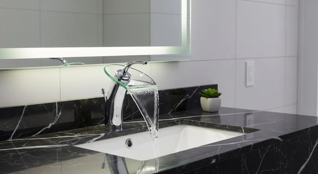 Stylish waterfall faucet with wide spout creating spa-like bathroom experience