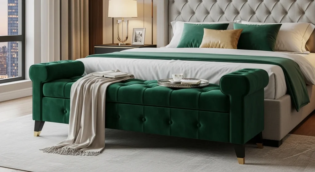 Elegant velvet upholstered bedroom bench adding luxury seating to bedroom decor