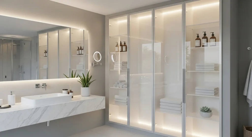 Elegant bathroom cabinet with glass doors displaying neatly organized towels and toiletries