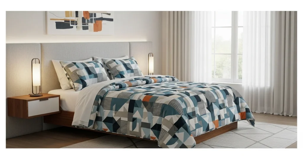 Contemporary bedroom featuring geometric patterned queen comforter bedding