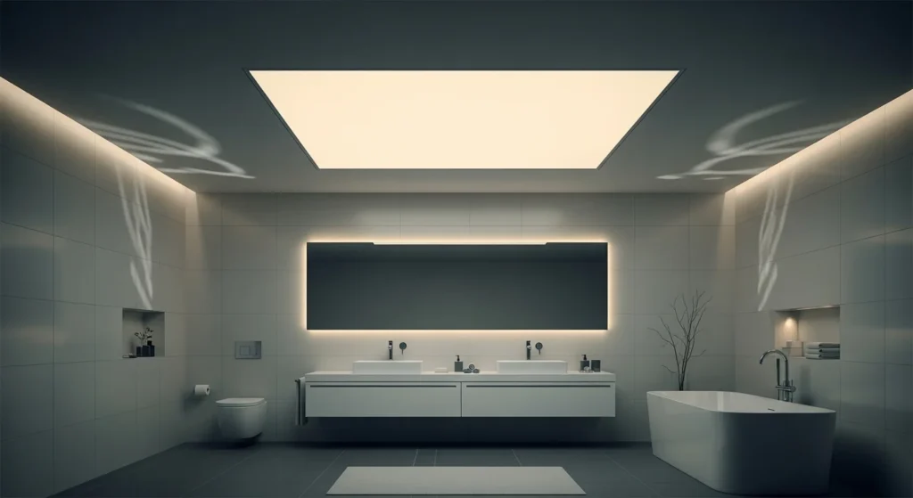 Modern bathroom featuring soft backlit ceiling panels for even illumination