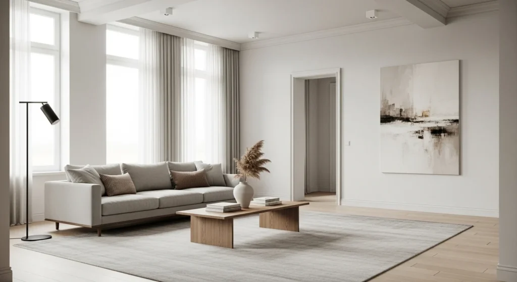 Clean minimalist living room with neutral palette and simple decor