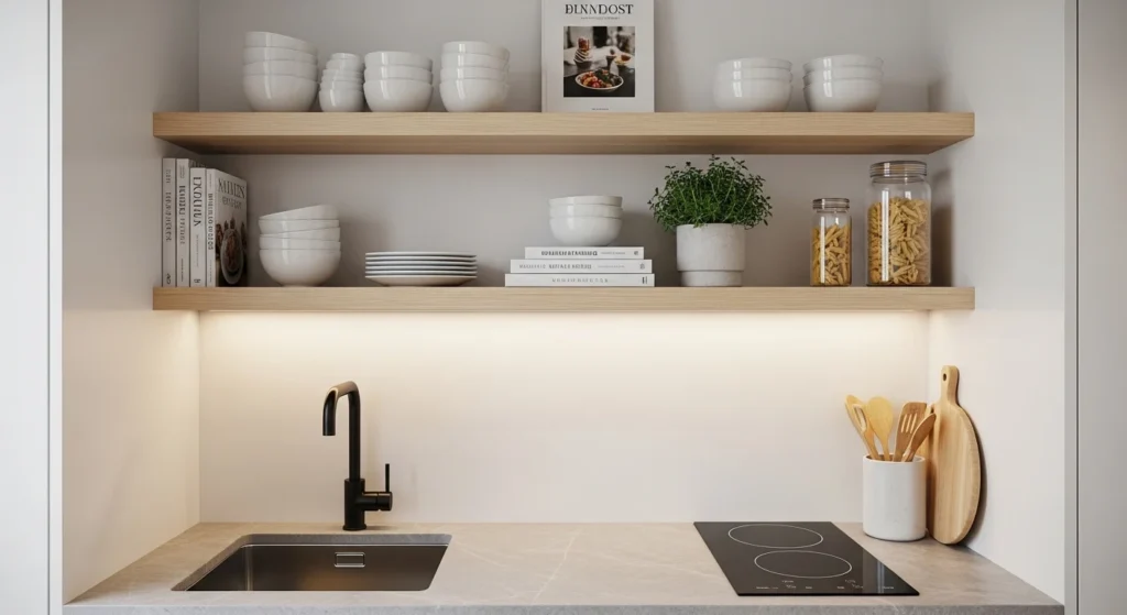 Tiny kitchen with open shelves creating airy and organized storage look