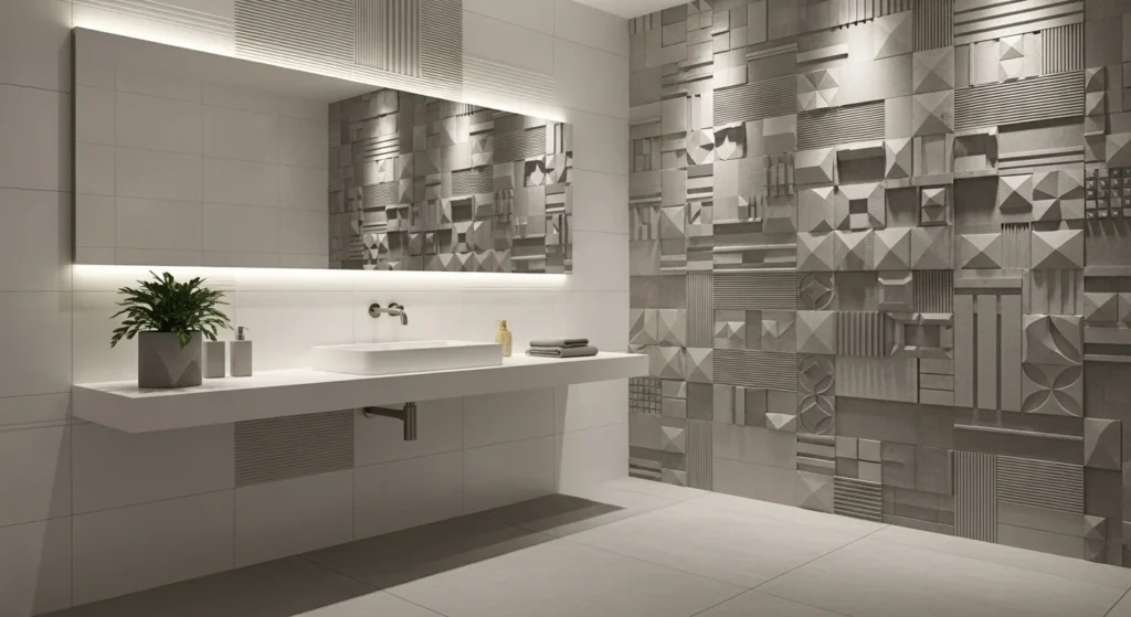 Bathroom wall with 3D textured tiles adding depth and modern style