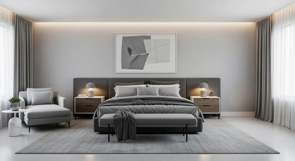 Modern grey bedroom set with stylish furniture and balanced neutral tones