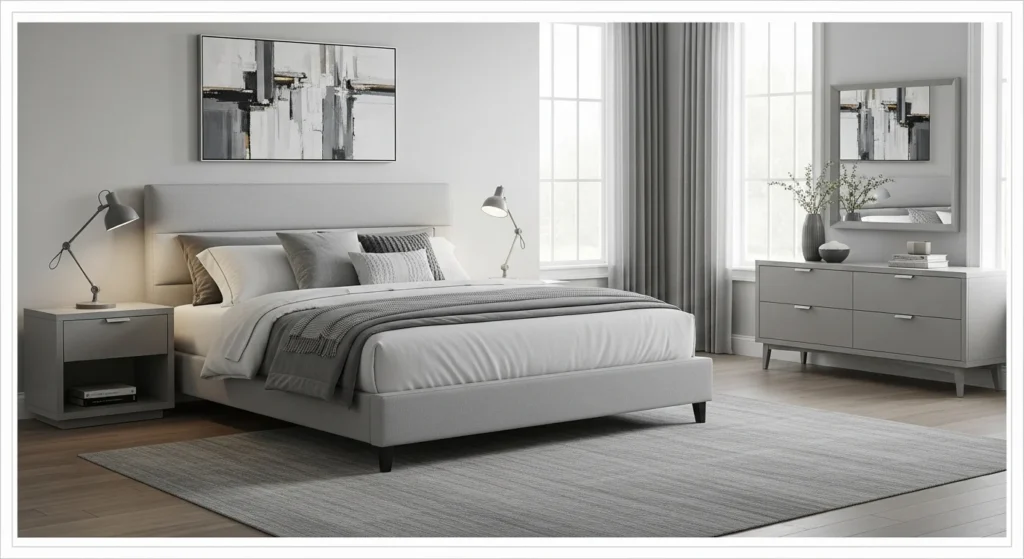 Modern king bedroom set in grey tones with stylish furniture and balanced design