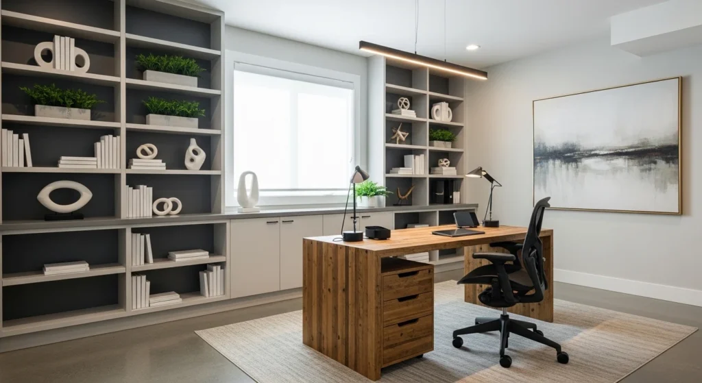 Productive basement office with built-in shelves, ergonomic furniture, and natural lighting
