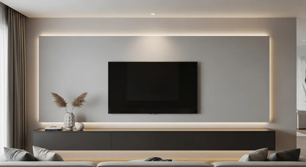 floating cabinet tv wall with wall mounted tv and minimalist interior