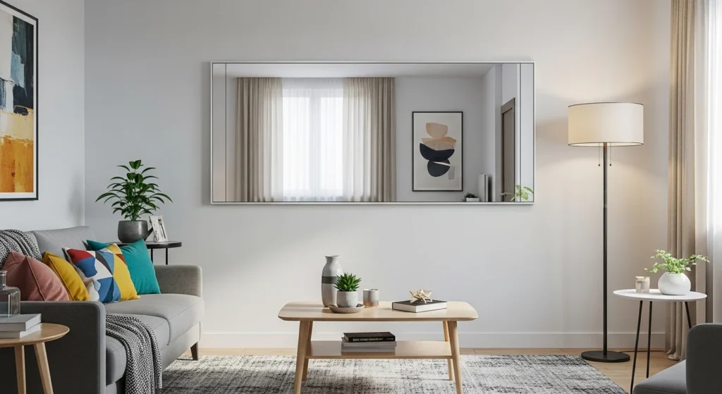 Large wall mirror in a small living room reflecting natural light and making the space appear bigger