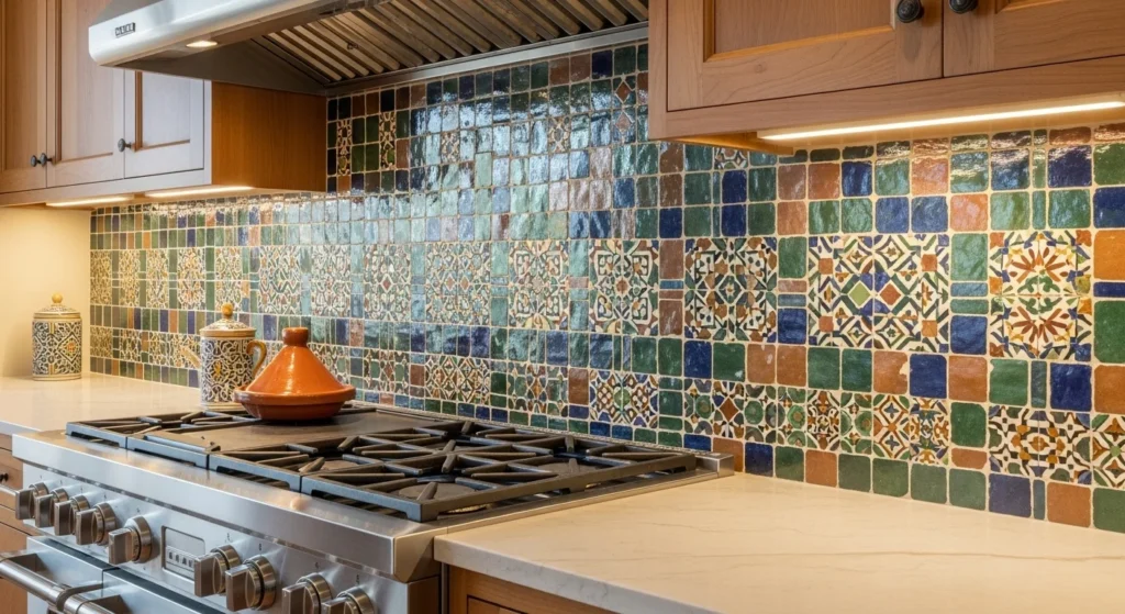 Glossy handmade zellige tiles used as a stylish kitchen backsplash design