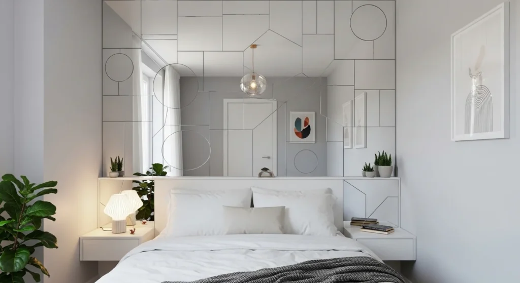 Small bedroom using large mirrors to create the illusion of a bigger and brighter space