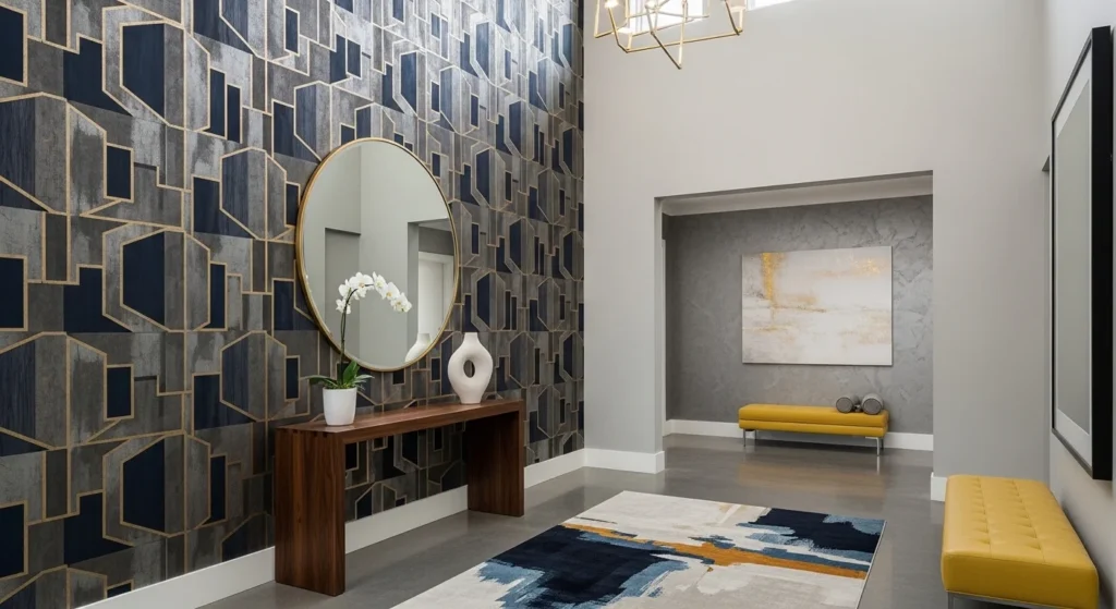 Entryway decorated with bold patterned wallpaper creating stylish focal wall