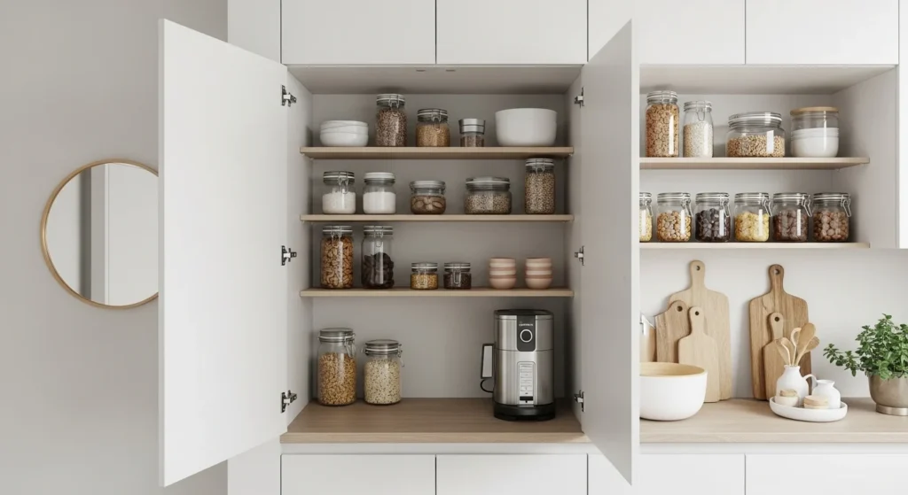 Minimalist open shelving pantry displaying jars and containers for easy access