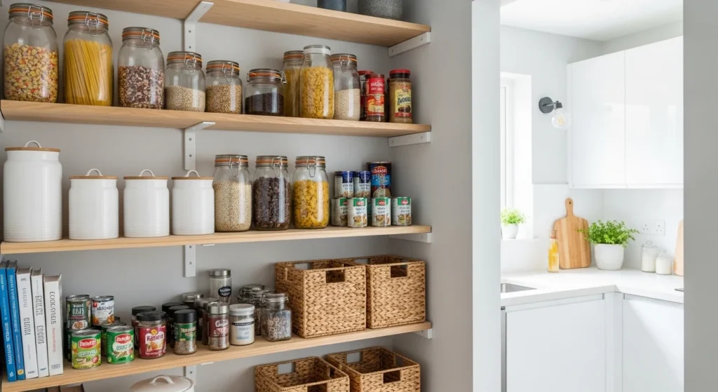 Minimal open pantry shelves with neatly arranged jars and containers