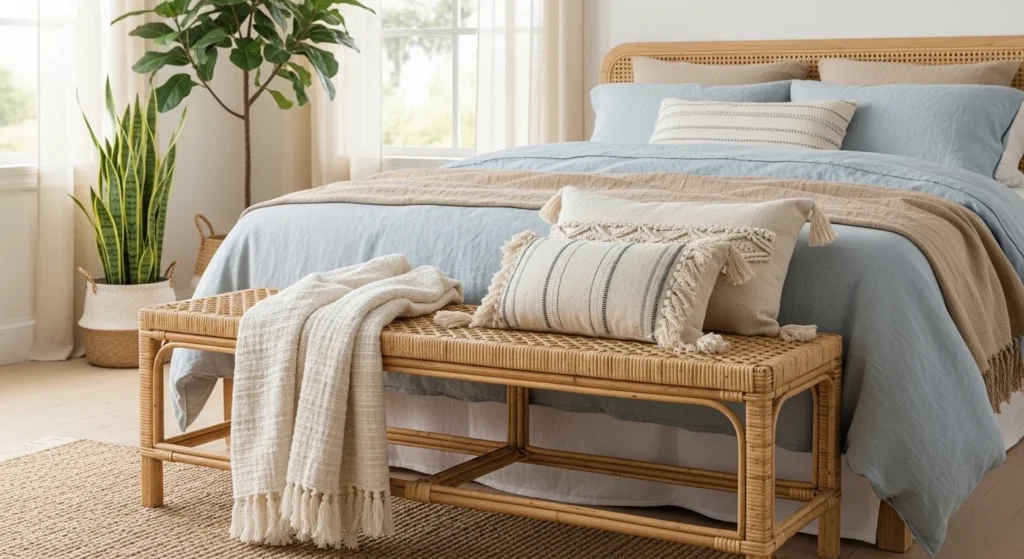 Boho style woven rattan bench used as bedroom seating at foot of bed