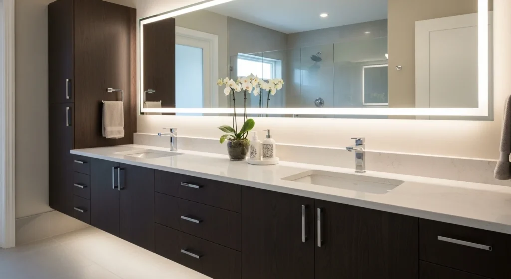 Large double sink bathroom vanity cabinet with modern storage drawers for shared bathrooms