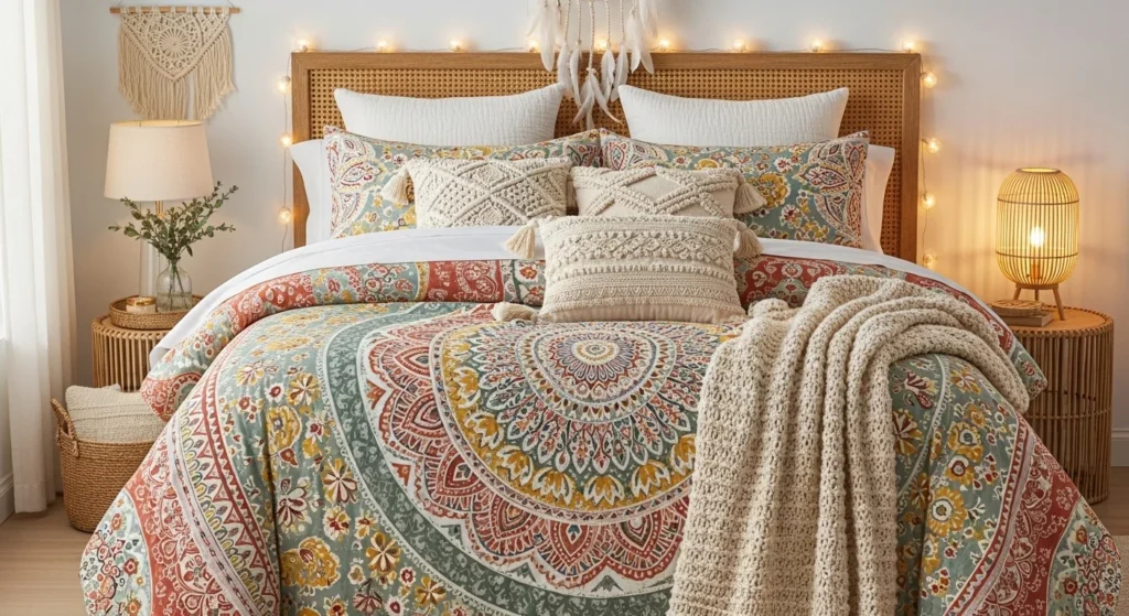 Cozy bohemian queen comforter bedding with earthy tones and textured decor