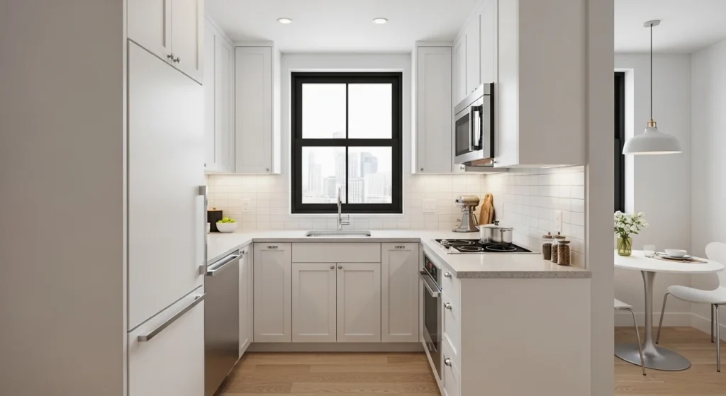 Efficient L-shaped small kitchen design maximizing corner space and workflow