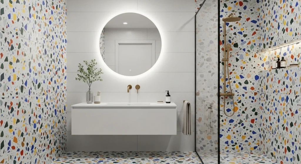 Stylish bathroom with terrazzo tiles featuring colorful speckled patterns