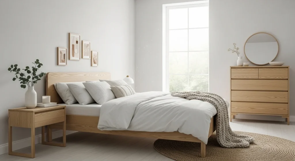 Scandinavian bedroom set with light wood furniture, white tones and cozy textures