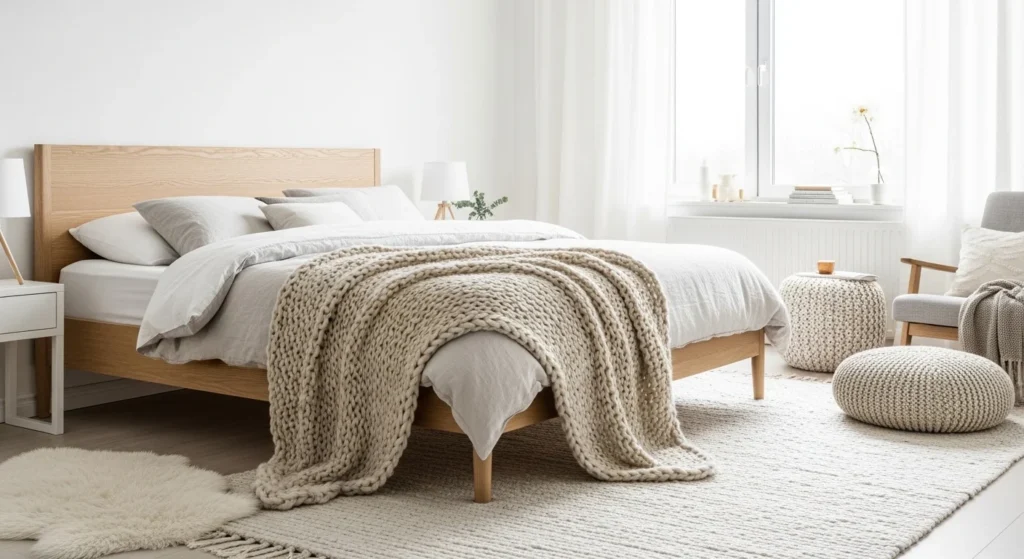 Scandinavian king bedroom set with light wood furniture and bright minimal interior