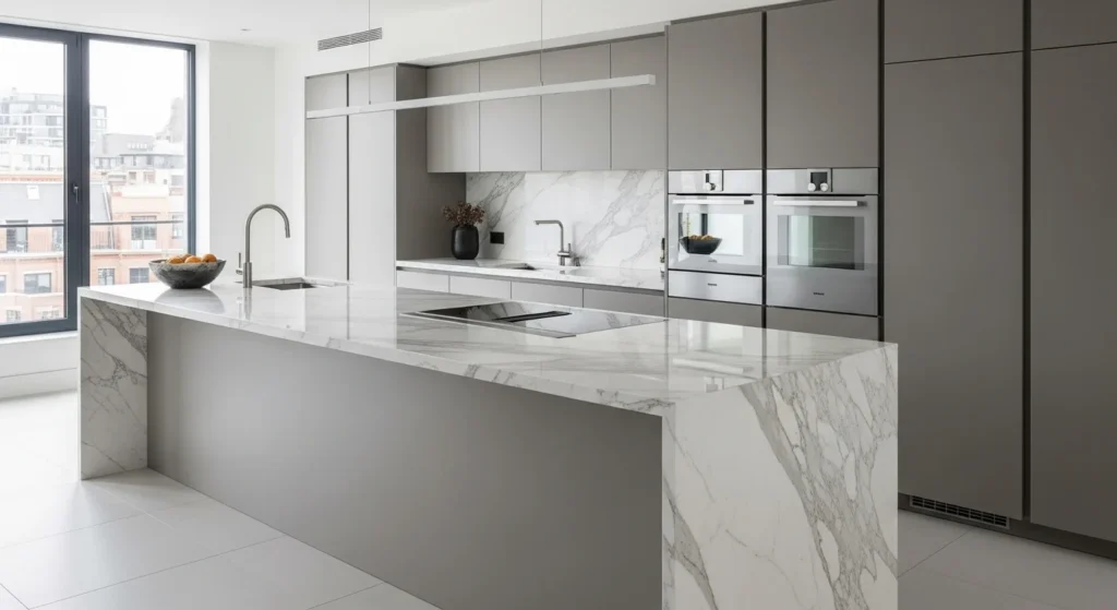 Modern kitchen with waterfall edge countertop extending down the sides