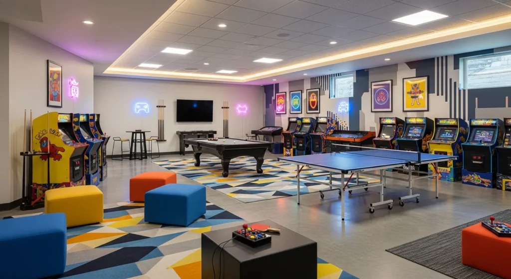 Bright basement game room with pool table, ping pong, and arcade games for family fun