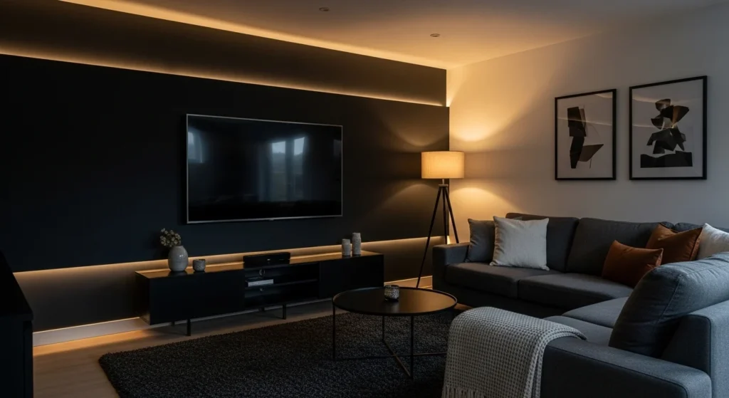 dark grey tv wall with mounted tv and cozy modern lighting