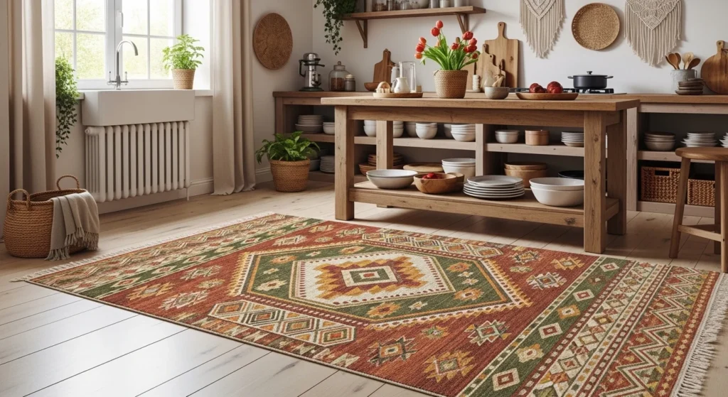 Bohemian style kitchen rug with colorful patterns adding warmth to kitchen decor