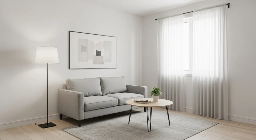 Small apartment living room with clean-lined furniture and minimalist modern design