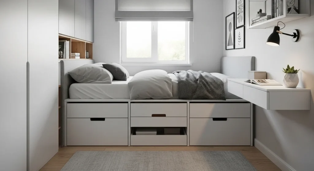 Tiny bedroom with bed featuring built-in drawers for hidden storage