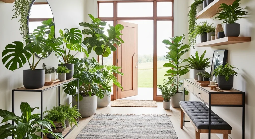 Bright foyer entryway decorated with large indoor plants and natural decor