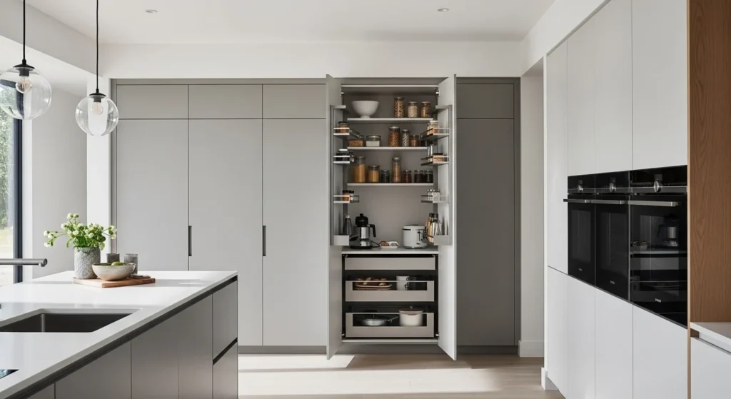 Concealed pantry cabinet integrated into kitchen cabinetry for a clean look