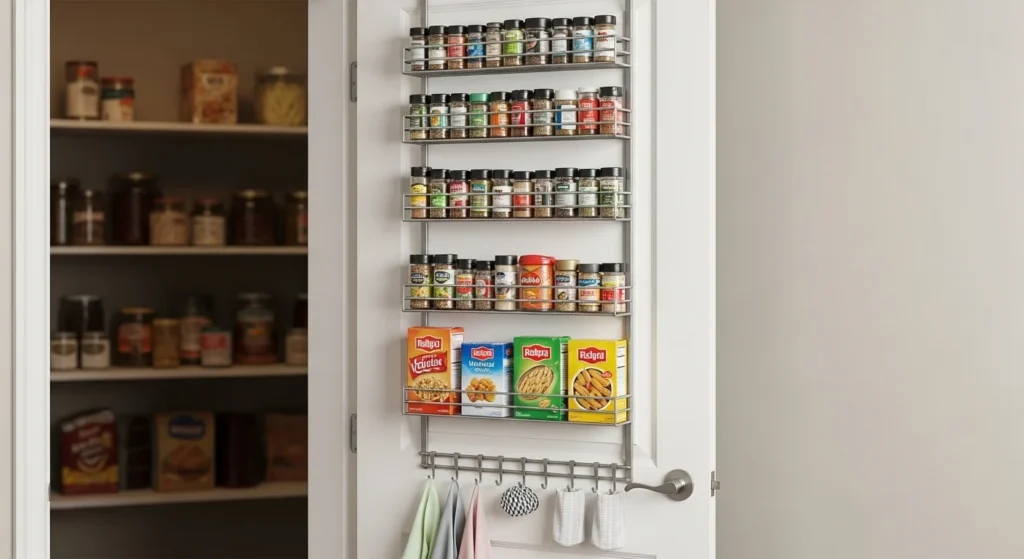 Pantry door with mounted racks storing spices and small jars efficiently