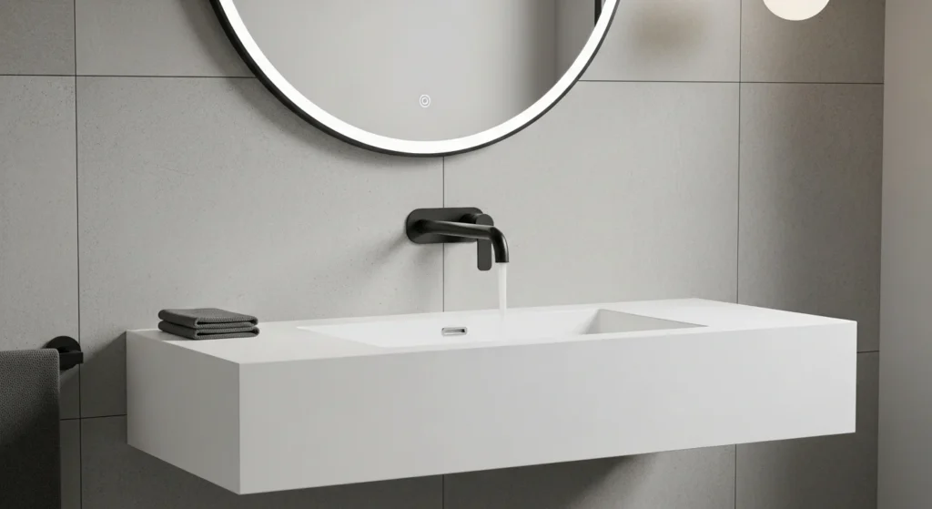 Contemporary wall mounted faucet installed above modern bathroom sink