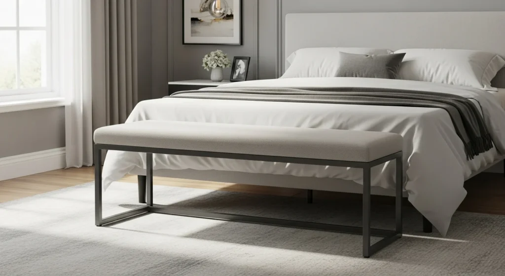 Contemporary bedroom bench with metal frame legs and upholstered seat