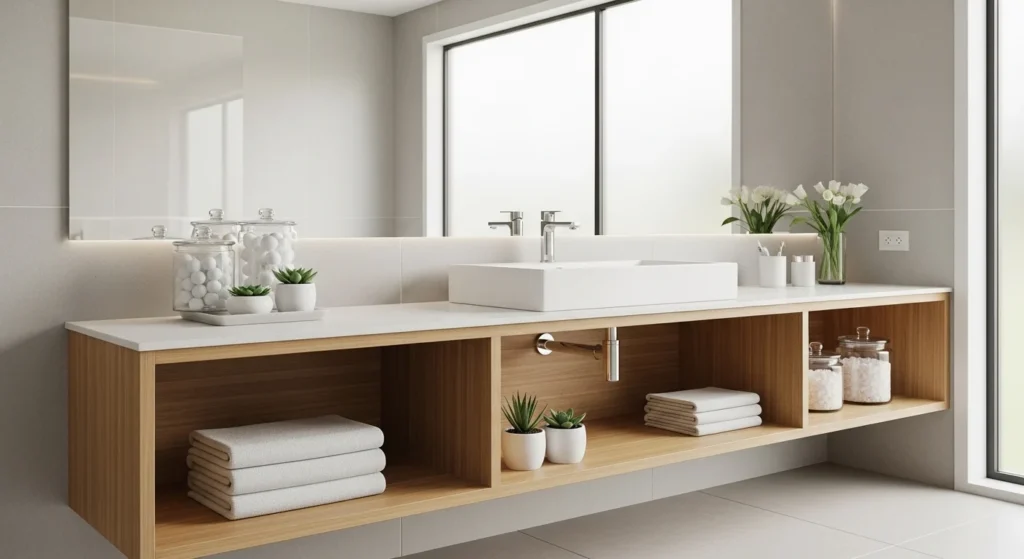 Modern bathroom cabinet with open shelves displaying folded towels and decorative items