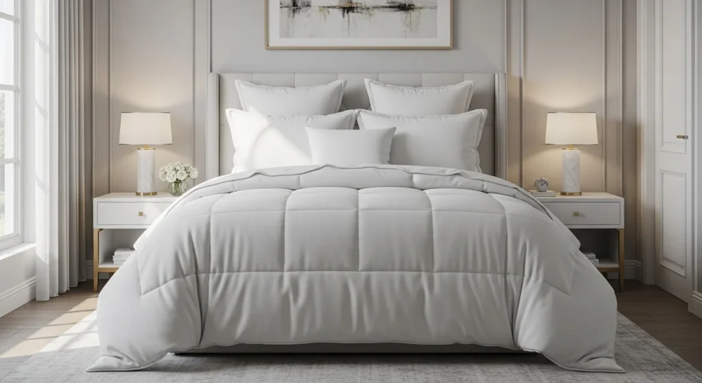 Luxury hotel inspired white queen comforter bedding set in modern bedroom